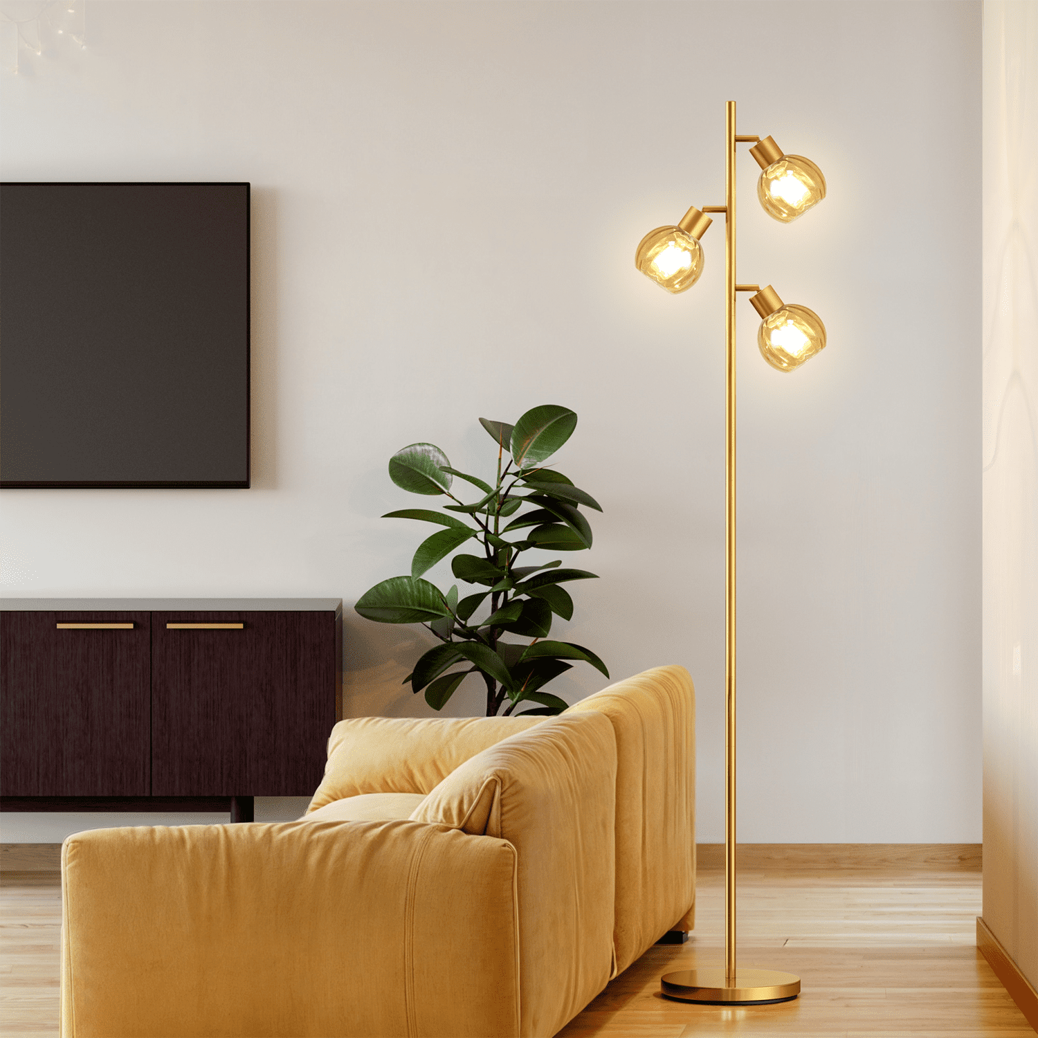 Tree Floor Lamp With 3 Adjustable Rotating Lights And Matching Led Bulbs, Standing Tall Pole Lamps for Living Room, Bedroom, Home