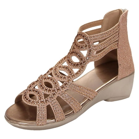 

WNVMWI Sandals Women Womens Wedges Sandals Beach Gold Shoes Slippers Flip Flops Wide Sandals for Women Ladies Rhinestone Bright Hollow Soft Bottom Outside Wear Slope Fish Mouth Sandals Size 38