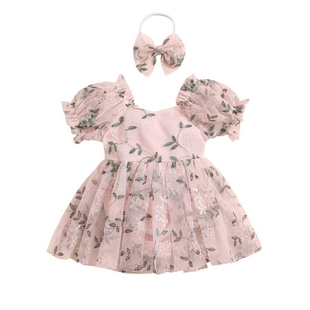 

Baby Girl Princess Bodysuit Summer Short Puff Sleeve Embroidery Tulle Hem Romper Dress with Headband