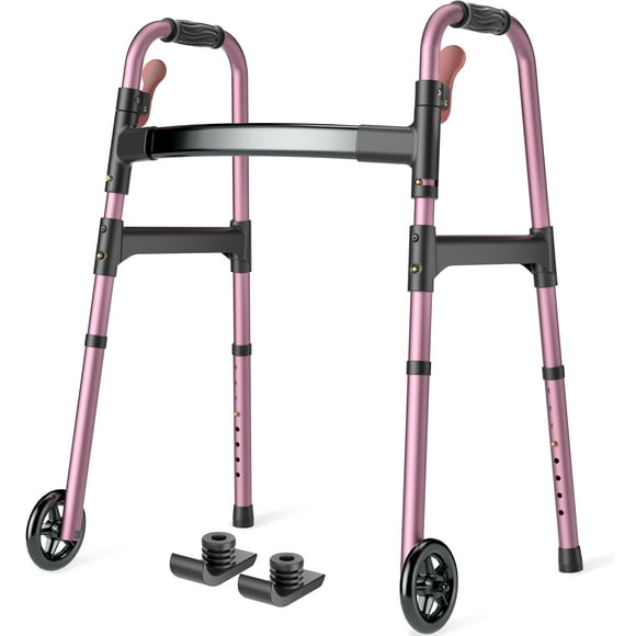 Andadores plegables HOMLAND para personas mayores con ruedas, ligeros, con ruedas, FSA/HSA, con altura ajustable y estructura de aluminio, color rosa rojizo