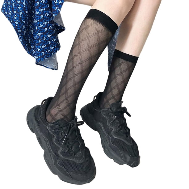 S Calcetines cortos de verano para mujer, medias cortas transparentes y sedosas de estilo Harajuku, gótico oscuro, rombos, diamantes, cuadros, estampado, malla translúcida, medias