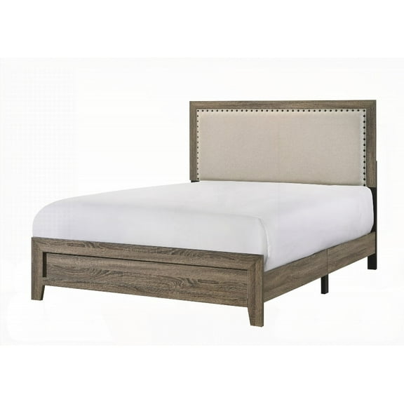 Grey Fabric Upholstered Full Size Bed Headboard with Tufted Nailhead Trim and Wooden Details
