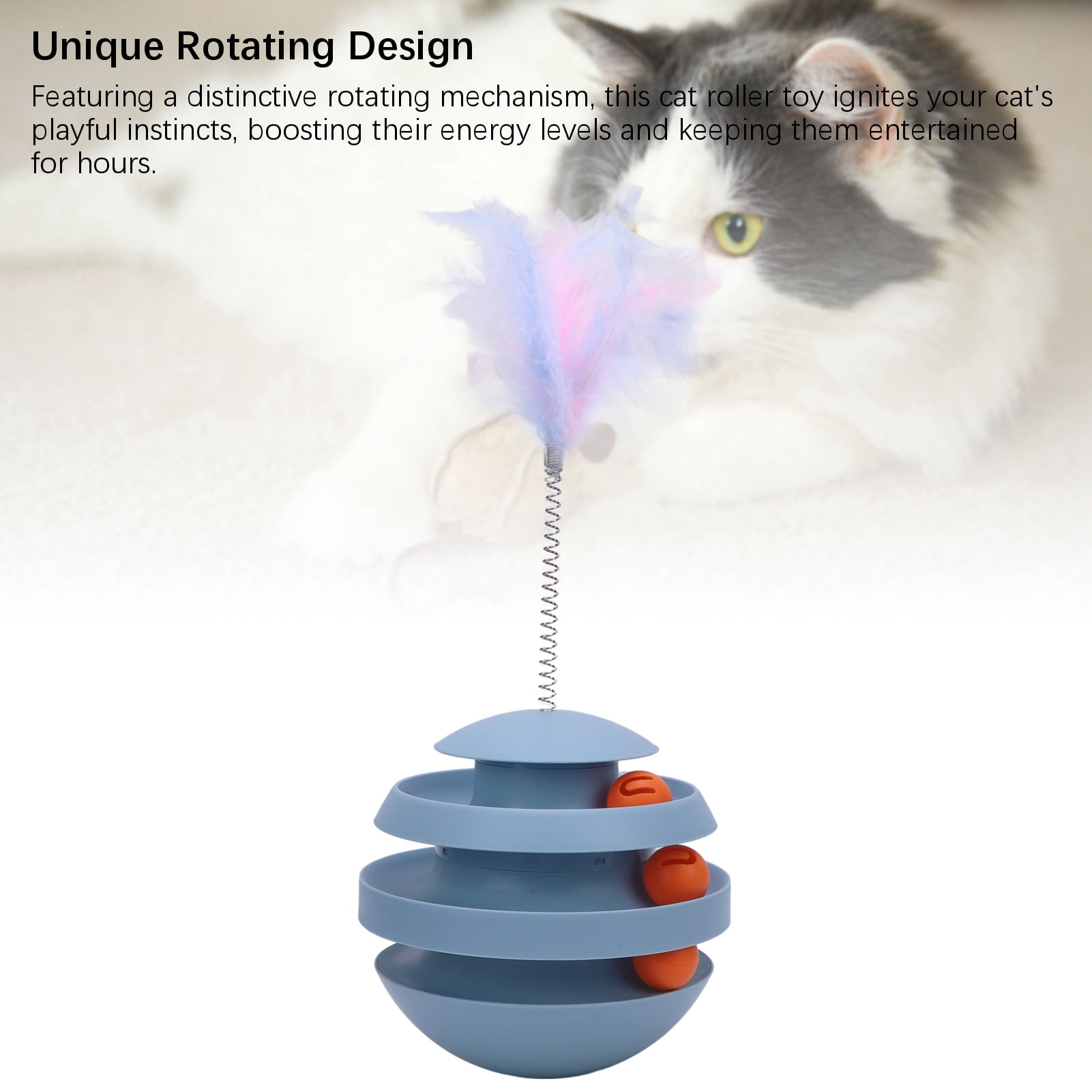 Yajisi Interactive Turntable Cat Tower Toy for Indoor Kittens, Roller Track with Balls & Teaser Wand, Puzzle Exercise Teaser, 8.66 inches / 22 cm, Haze Blue