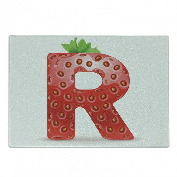 Letter R Cutting Board, Food Elements in Such a Way Resembling Capital R Summer Season Food, Decorative Tempered Glass Cutting and Serving Board, Small Size, Vermilion Green Orange, by Ambesonne
