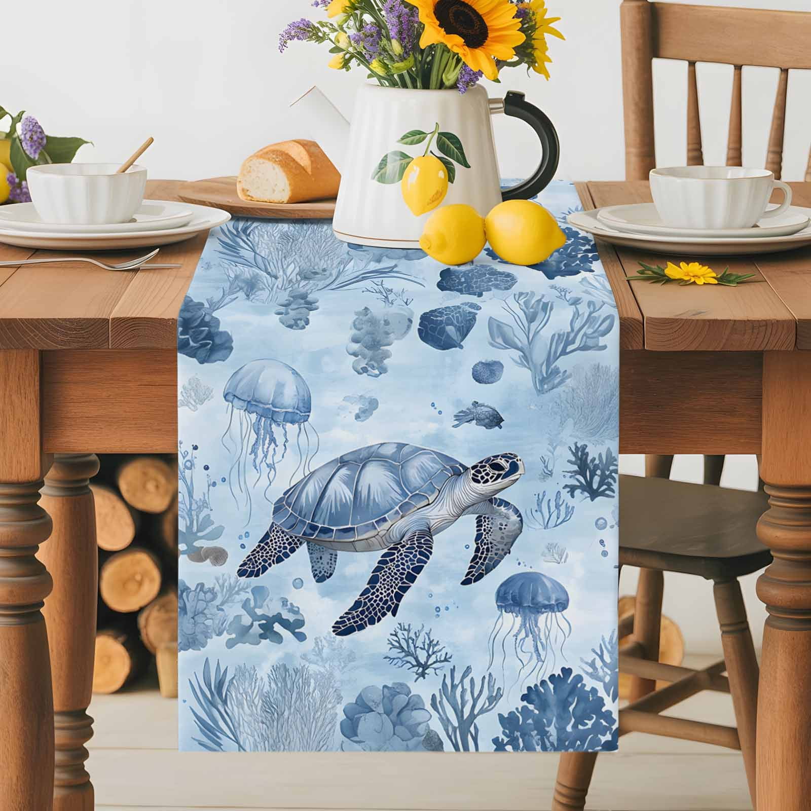 Sea Turtle Jellyfish Blue Ocean Table Runner 90 Inches Long, Coral Marine Life Table Runners Tabletop Scarf Kitchen Dining Tables Decoration for Home Party Indoor Outdoor