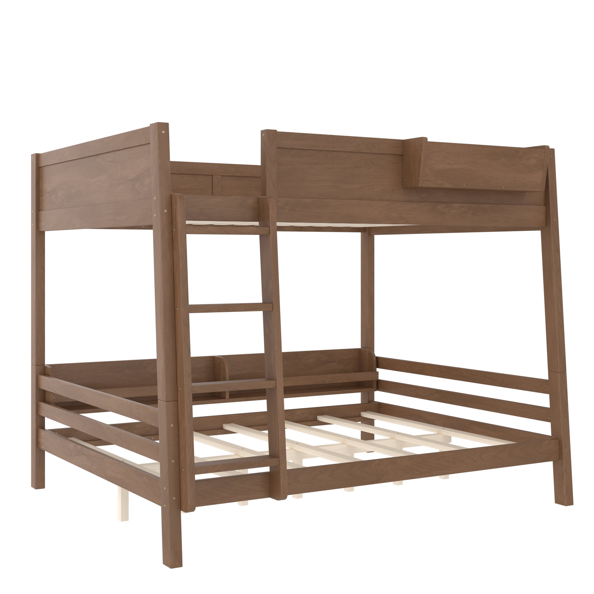 Mintazer Queen Over Queen Detachable Bunk Bed with Storage Shelf and Bookshelf, Modern Convertible Bunk Bed with Ladder and Guardrails for Bedroom Guest Room, Brown