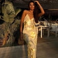 thumbnail image 4 of Womens Standard Gold Foil Print Maxi Slip Dress Elegant V-Neck Spaghetti Strap Backless Gown, 4 of 8