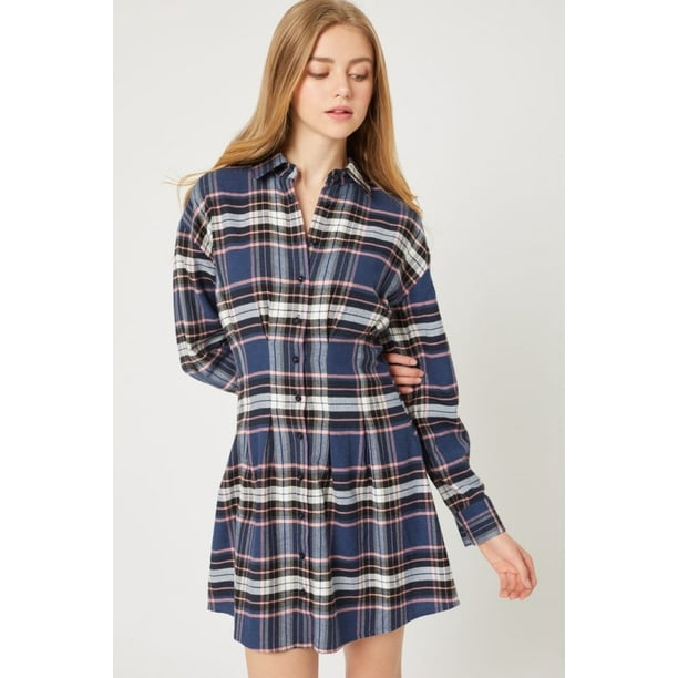 Love Tree Talla Chica/S Vestido Camisa De Franela A Cuadros Botones Boyfriend Love color Azul Marino Love Tree 4726DYCHAZ