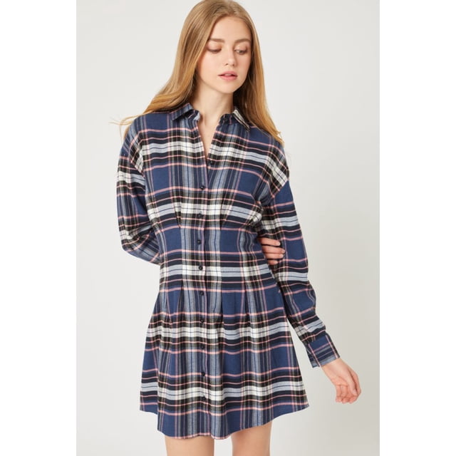 Love Tree Talla Chica/S Vestido Camisa De Franela A Cuadros Botones Boyfriend Love color Azul Marino Love Tree 4726DYCHAZ