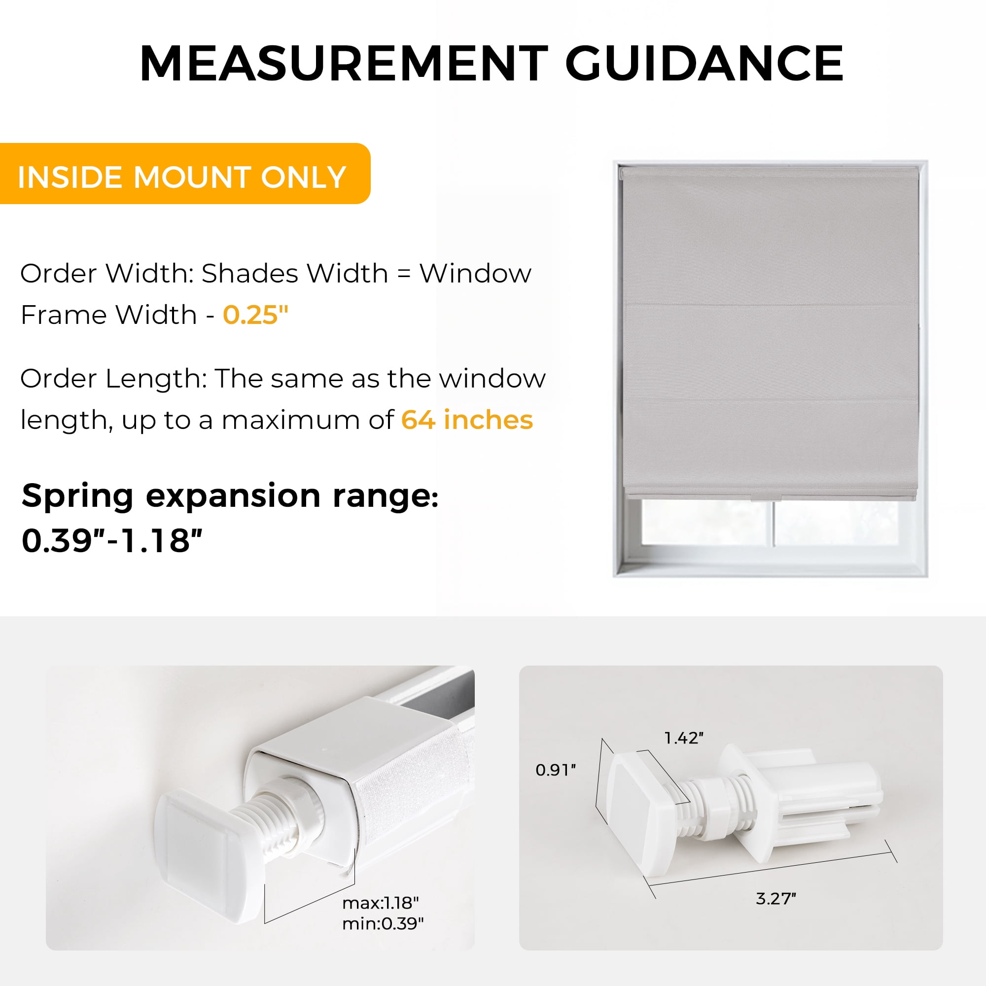 No Drill No Tools Cordless Roman Shades for Window,Room Darkening Easy Install Linen Fabric Blackout Roll Up Roman Blinds Window Blinds Inside Mount 23" W x 64" H Grayish White