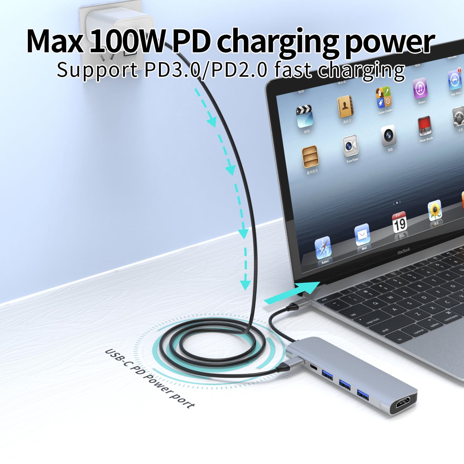 8 in 1 docking station type C adapter with 4K HDMI,PD Charging,USB-C, 3*USB 3.0 ,SD/TF Card