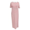 thumbnail image 4 of TSADFHJI Jupes pour Femmes Longueur Midi Motif Rayé en Cuir Poche Latérale Robe T-Shirt Décontractée pour Femmes Manches Courtes avec Ourlet Fendu Col Rond Robe de Mode TTG Rouge, 4 of 4