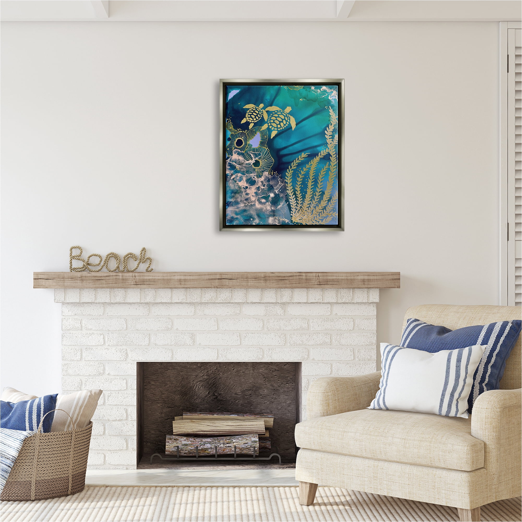Stupell Industries Modern Sea Life Patterns Abstract Painting Gray Floater Framed Canvas Art Print Wall Art, 25 x 31