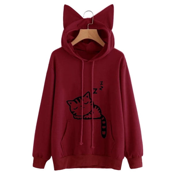 Minnieouse Loose Fit Cartoon Cat Print Mujer con capucha Print Mujer Camisa Manga larga Cuello Sudadera con capucha Prendas para la parte del cuerpo Vino rojo S Minnieouse FS9881-11