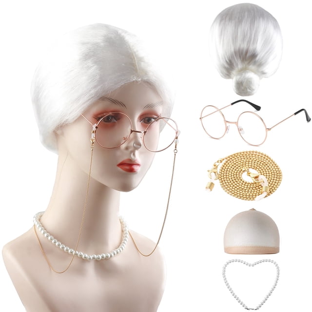 Peluca sintética con moño blanco corto con accesorios, 200 g