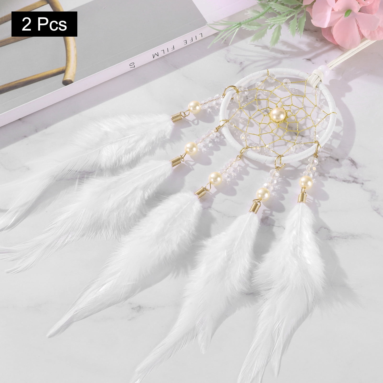 Unique Bargains Dream Catchers Handmade Feather Dreamcatcher with Crystal Beads White