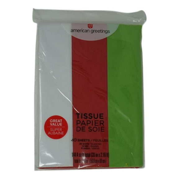 40 Sheet Colored Christmas Value Tissue Paper, Red/White/Green 25 inch by 20 inch Sheets