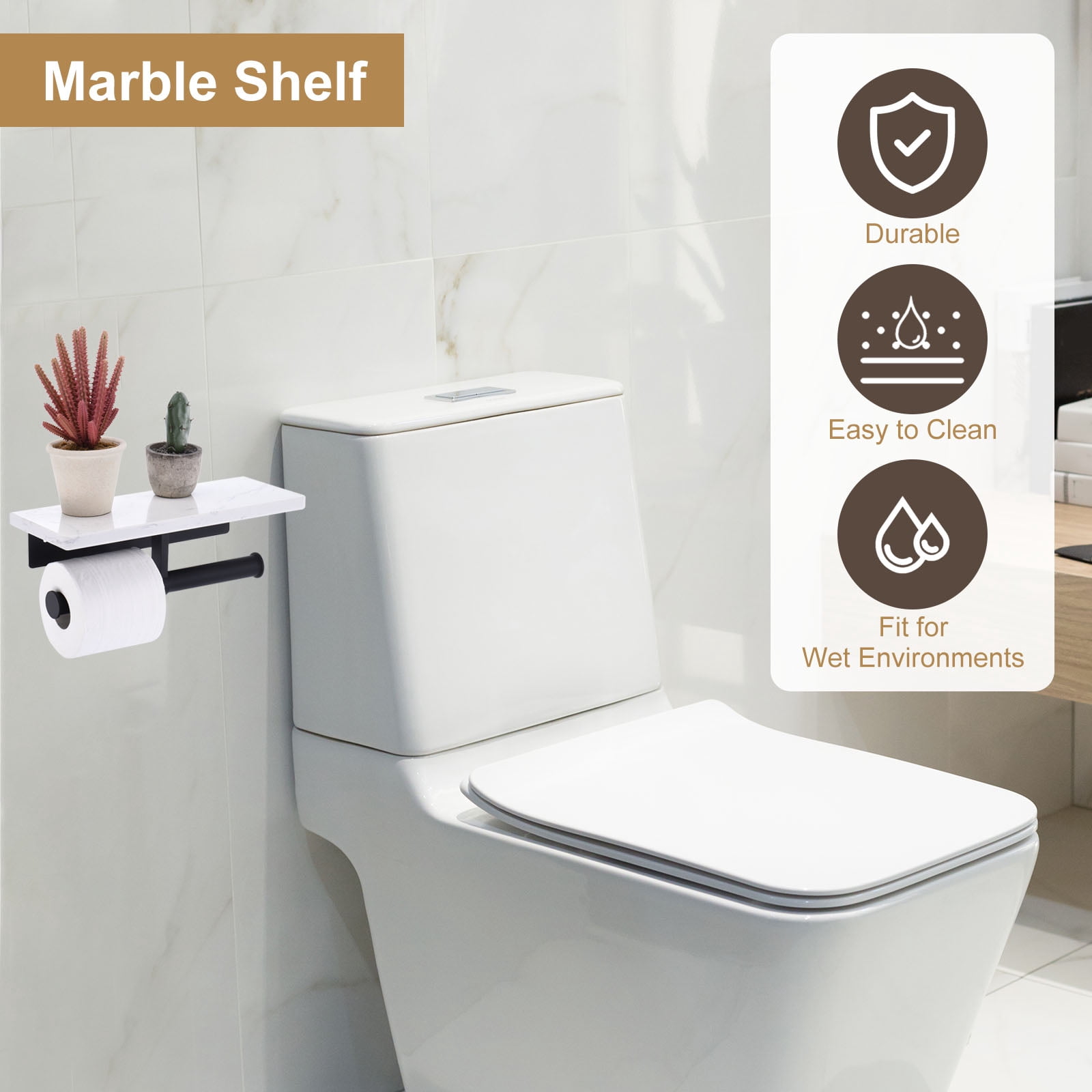 Unique Bargains Toilet Paper Holder with Marble Shelf Modern Design for Bathroom Black
