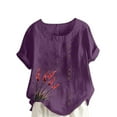 thumbnail image 2 of QUNYINEY Casual Shirts for Women Trendy Short Sleeve Floral Crew Neck Tops Loose Button Cotton Linen Pullover Shirts, 2 of 4