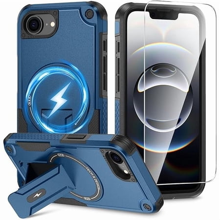 can for iPhone 16e & iPhone 17e Case [Compatible with MagSafe] [Invisible Kickstand] [HD Screen Protector], Protective Magnetic Phone Cover for iPhone 16 e & 17 e (Navy Blue)