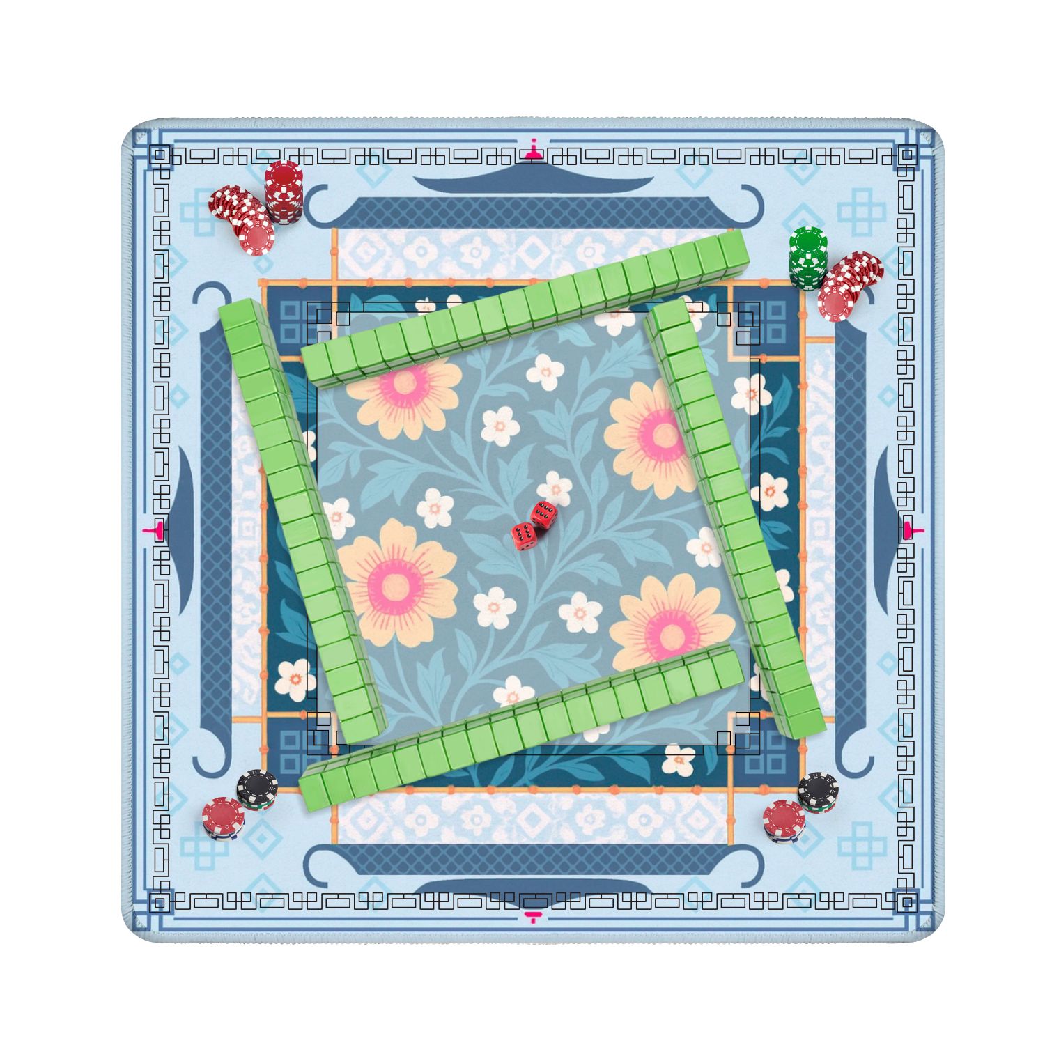 Mahjong Mat 31.5" x 31.5" Floral Yellow Sunflowers White Blossoms Blue Anti-Slip and Noise Reduction Symmetry Design Mahjong Tiles Table Cover for Dominoes Poker Card Board and Tile Games