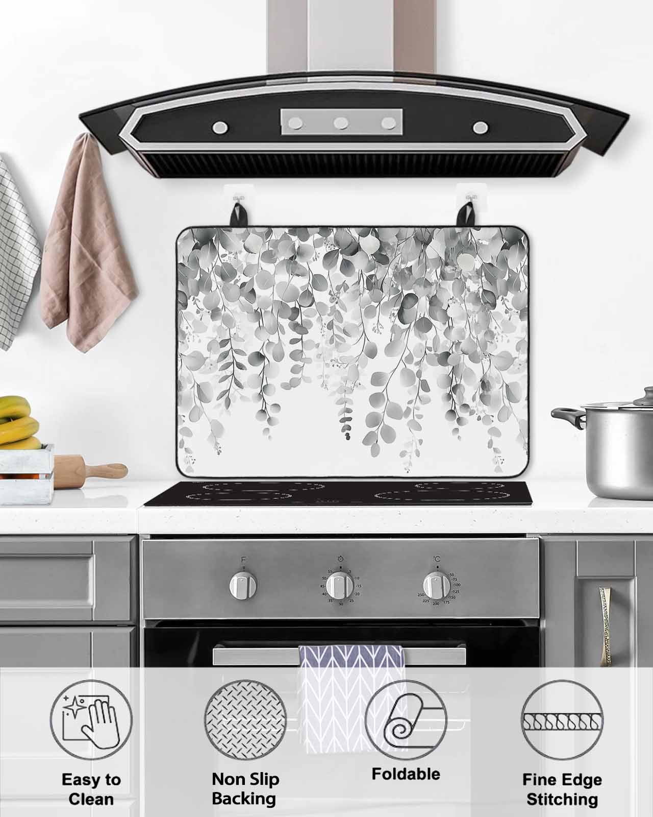 nqOlkjepod Large Induction Cooktop Protector Mat 36"x21", Eucalyptus Grey Stove Top Covers for Electric Stove, Farmhouse Leaves Summer Spring Leaf Stove Burner Cover Mats, Glass Top Stove Cover