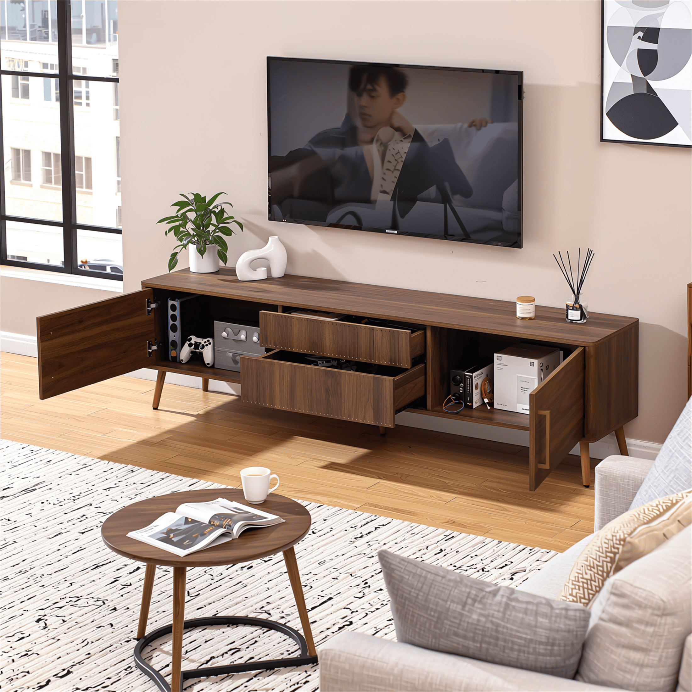 Homy Casa 70.8" Walnut TV Stand for TVs up to 75" with 2 Drawers Cabinets and Cable Management