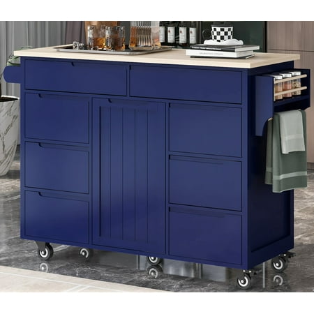 Utility Kitchen Island with Storage Cabinet on Wheels Wooden Rolling Kithcen Island Cart with 8 Drawers Rubber Wood Countertop Spice and Towel Racks Adjustable Shelves Dark Blue