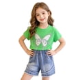 thumbnail image 2 of Hrsba Cute Little Girl Outfits Short Sleeve Crew Neck Tee And Elastic Waist Pearl Decor Denim Shorts Two Piece Set, 2 of 6