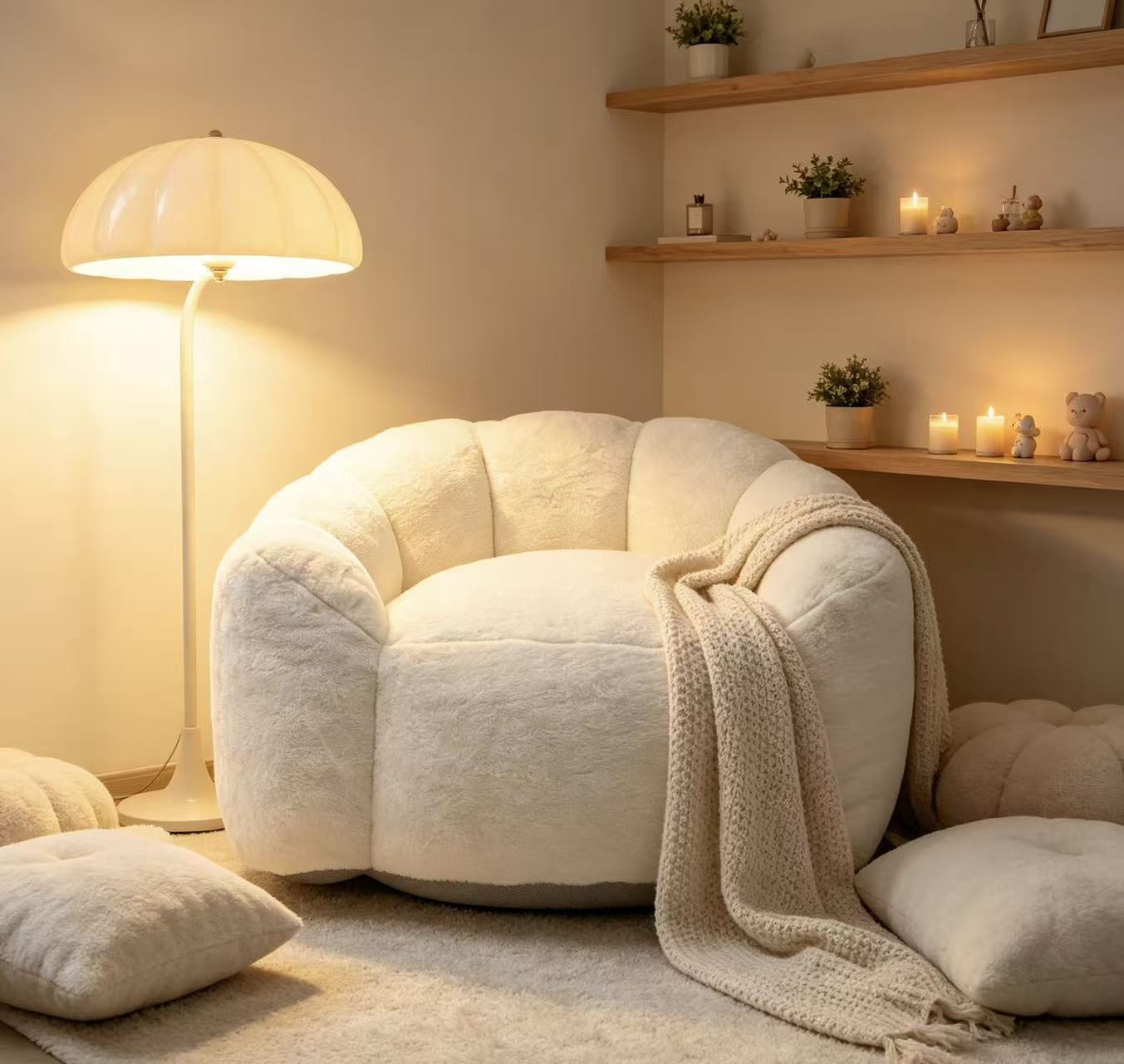 Leumius Cloud Lazy Sofa Chair,Velvet Bean Bag Chair,Comfortable Floral-Shaped Lounger Lazy Sofa for Bedroom/Living Room/Gaming,Beige White