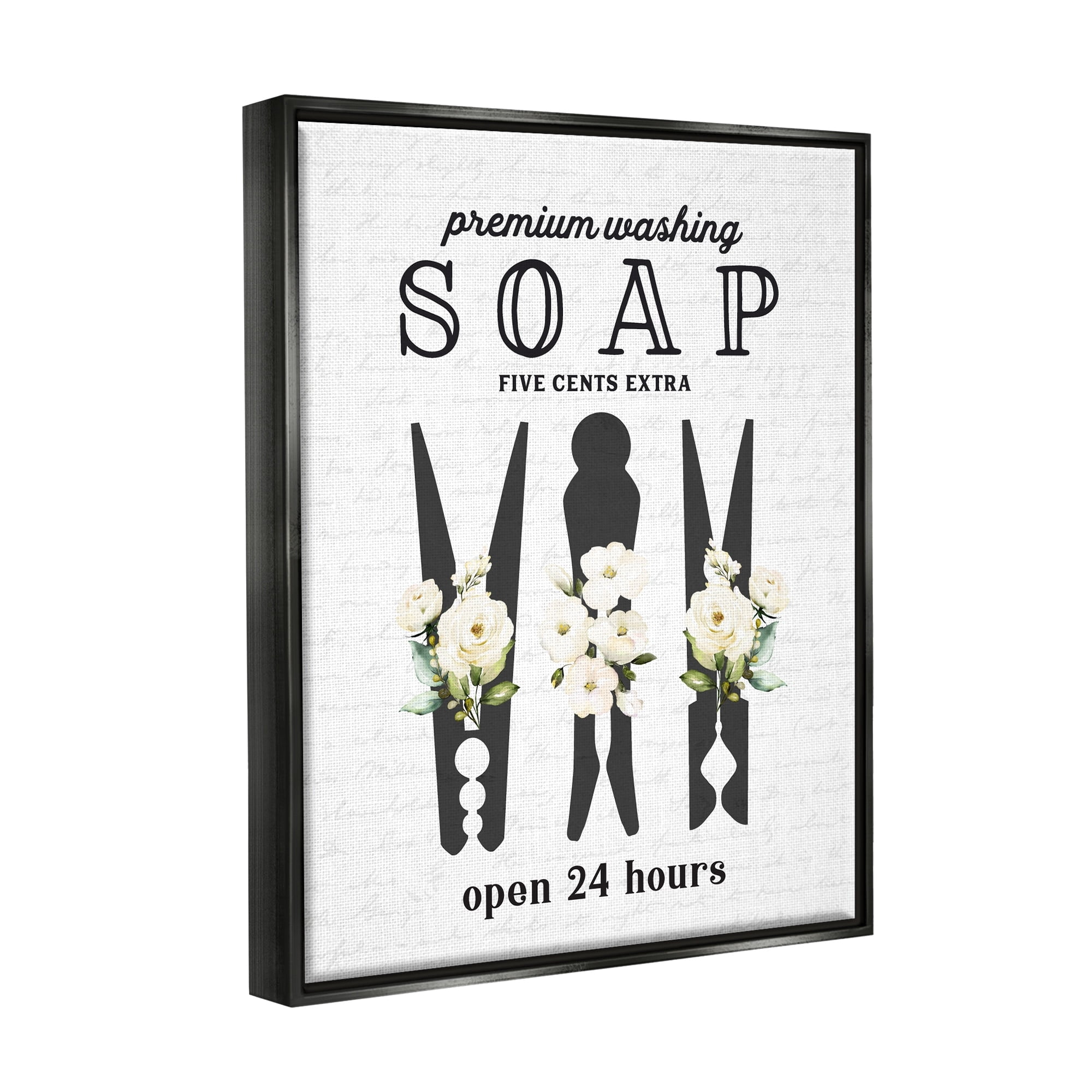 Stupell Industries Floral Clothespin Silhouettes Laundry Room Script Sign Graphic Art Jet Black Floating Framed Canvas Print Wall Art, Design by Lettered and Lined