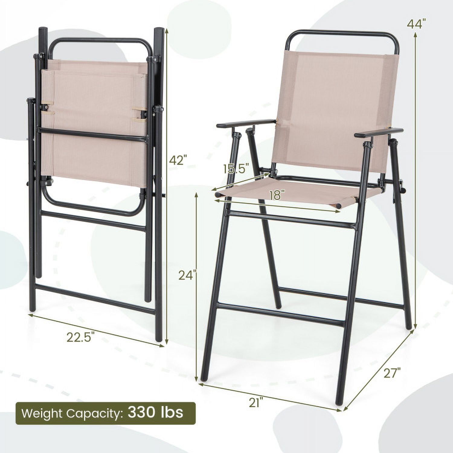 Yardi Yard Set of 2 Patio Folding Bar-Height Chairs with Armrests and Quick-Drying Seat-Beige, Outdoor Furniture Chairs for Backyard, Porch, Garden, Poolside