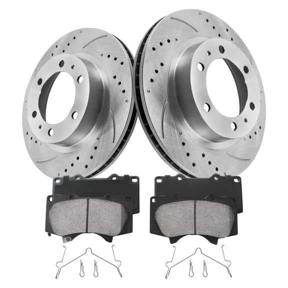 Funire Front Brake Kit for 2005 2006 2007 2008 2009 2010-2023 Toyota Tacoma 6 Lug Drilled & Slotted Disc Brake Rotors Ceramic Brakes Pads Replacement: 12.6" inch Rotor