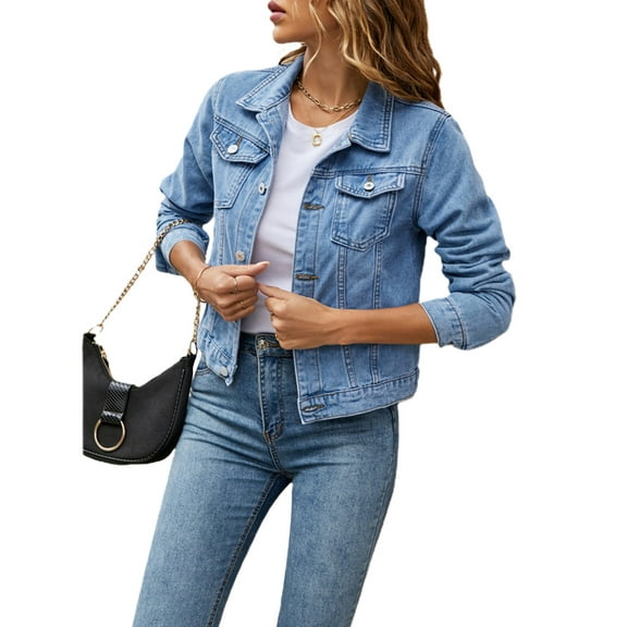 Women's Basic Button Down Stretch Fitted Long Sleeves Denim Jean Jacket