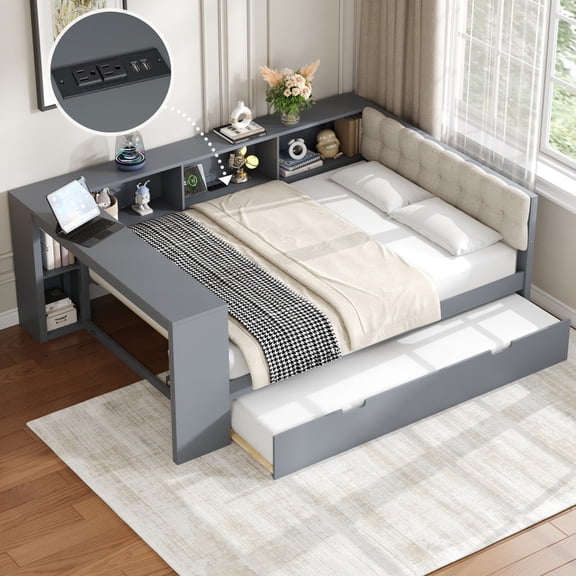 Mirightone Wood Twin Size Trundle Bed with Storage Shelves and Upholstered Headboard, Twin Daybed with Desk and Trundle for Teens Adults – Gray