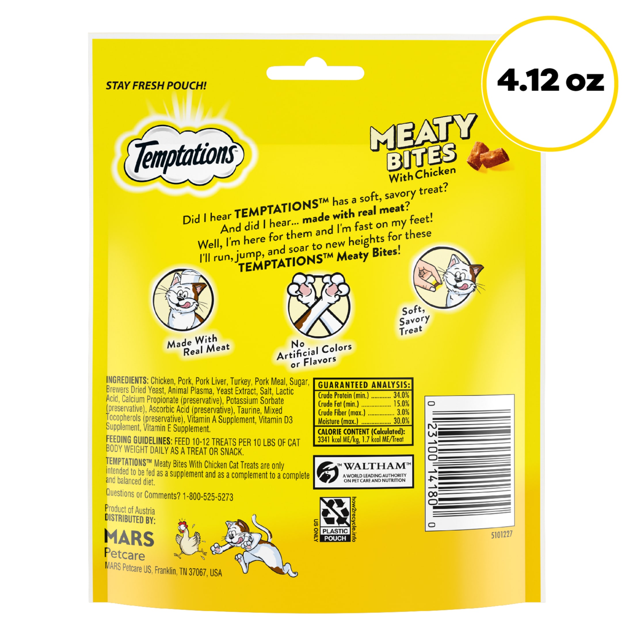 Temptations Meaty Bites, Soft and Savory Cat Treats, Chicken Flavor, 4.12 oz Pouch
