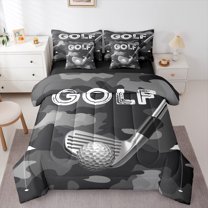 Manfei 3D Golf Bedding Comforter Set 7-Piece for Child, Modern Sports Lover King Bedding Sets, Black Grey Camouflage Reversible Bed Sheets, Microfiber Bedroom Decor