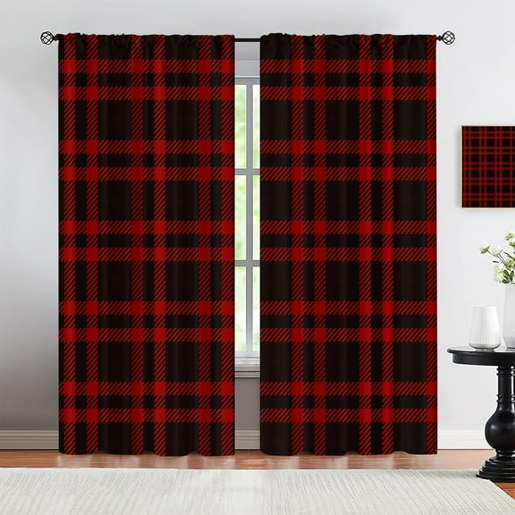 Christmas Curtains - Buffalo Plaid Gingham Pattern Rod Pocket Curtains for Kitchen, Extra Long Pinch Pleated Curtains Fast Drying Machine Washable for Living Room Bedroom, Red/Black-W42xL63in