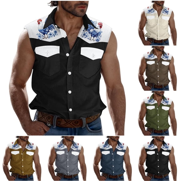 VBTAPA Fashion Cargo Shirts for Men, Mens Trendy Casual Color Block Blouse Shirt Sleeveless Button Down Shirts Summer Lapel T Shirt on Sale Khaki L