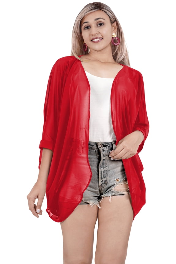 Women's Chiffon Summer Beach Open Front Vintage Kimono Beachwear Duster Cardigans for Women S Red, Plain