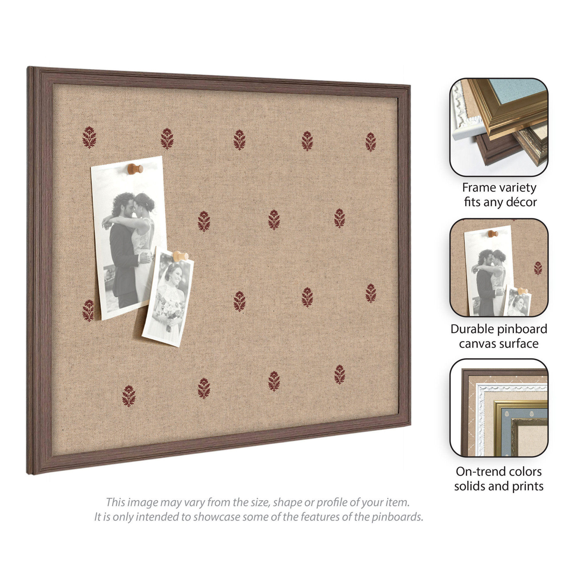 Kate and Laurel Framed Fabric Pinboard 26 x 20, Red Botanical Block Print Printed Linen Classic Bulletin Board for Use as a Vision Board or Wall Organization, Florence Gold Frame