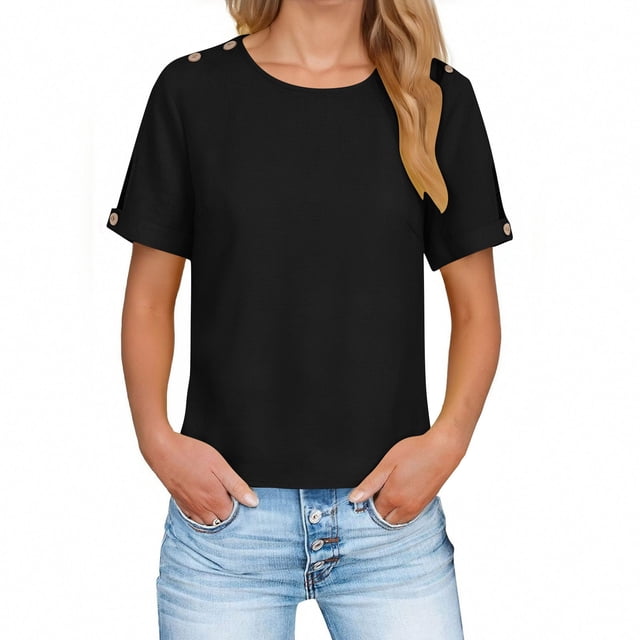 Women's Solid Color Long-sleeved Round Neck Button Cuff Open Pullover T-shirt