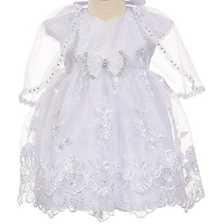 

Infant Toddler Baby Baptism Christening Dress Short Sleeve & Sheer Organza Cape White 0M TR 014