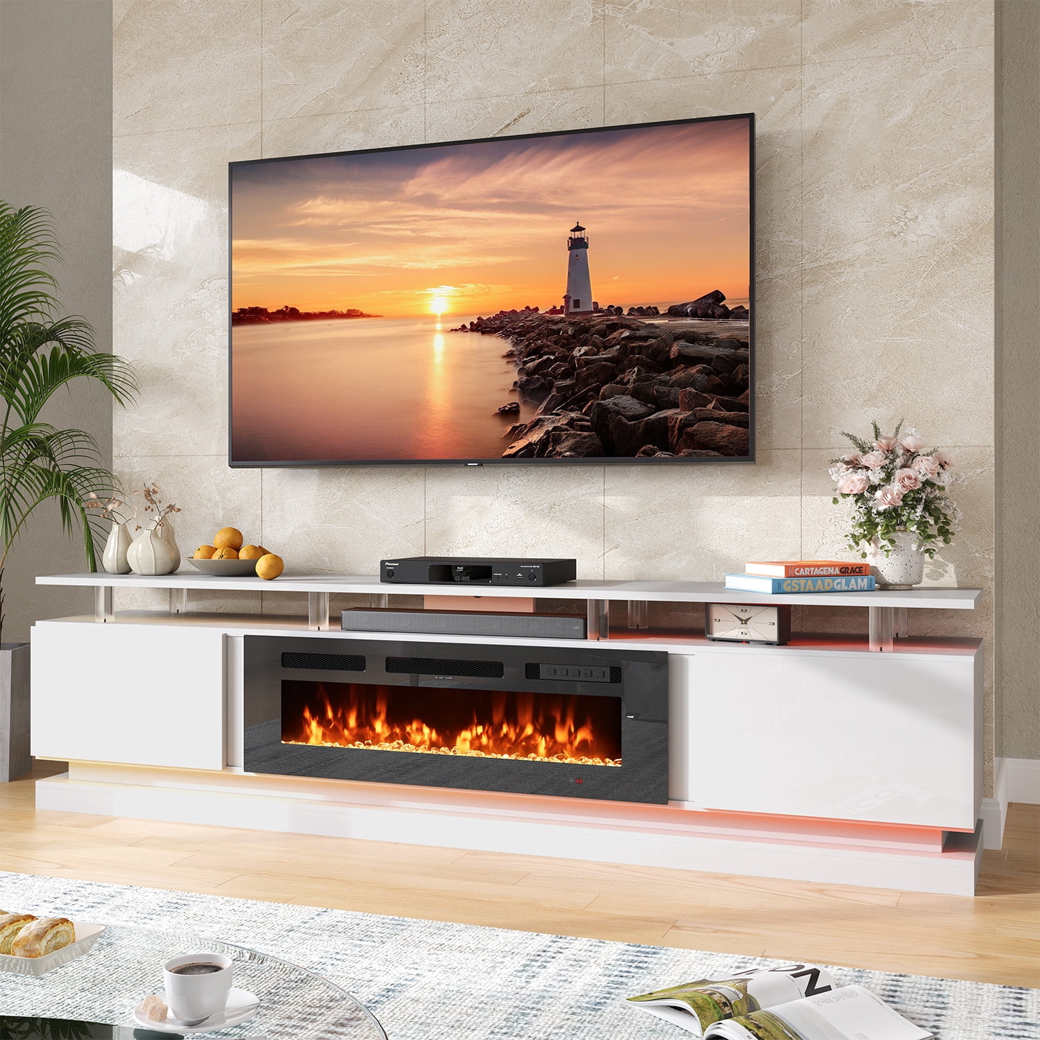 BaPiPro 80" Fireplace TV Stand for TVs up to 90", Modern Entertainment Center TV Console with Storage for Living Room, White TV Stand and Black Fireplace