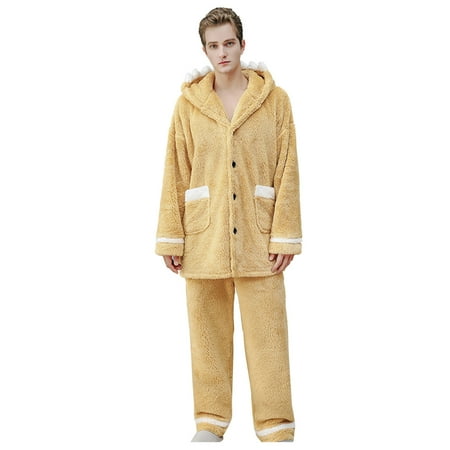

Dadaria Pajamas for Women Couples Men Button Warm Winter Flannel Pajamas Set Long Sleeve Long Pant Yellow L Men