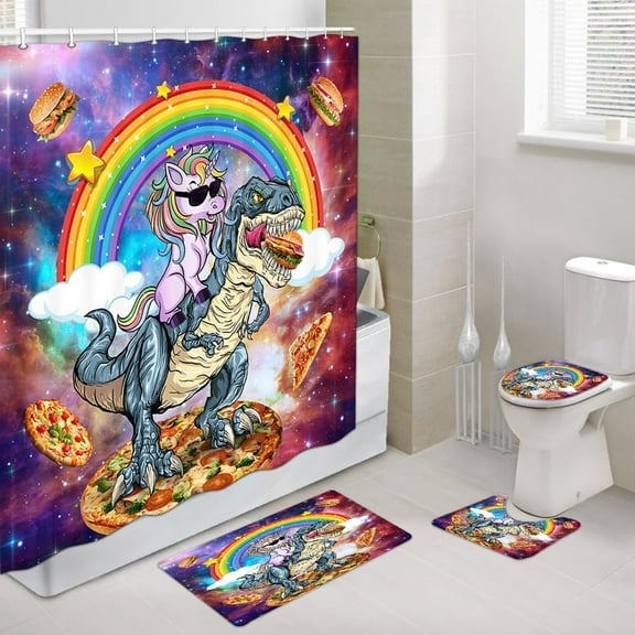 Cute Kids Shower Curtain Sets with Non-Slip Rug Cool Unicorn Riding Dinosaur Shower Curtain Set for Kids, Unicor Bathroom Decor for Kids