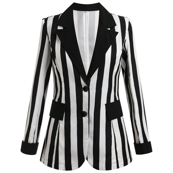 IBTOM CASTLE Women's Black and White Striped Blazer Casual Button Long Sleeve Jacket Halloween Work Business Open Front Cardigan Suit L Black   White