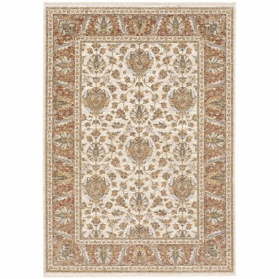 HomeRoots 3' X 5' Rust And Ivory Oriental Power Loom Stain Resistant Area Rug With Fringe