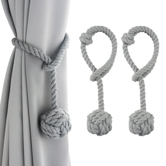 (Gray)2 Pack Curtain Tiebacks with Large Hand Woven Cotton Woven Ball for Outdoor Curtains