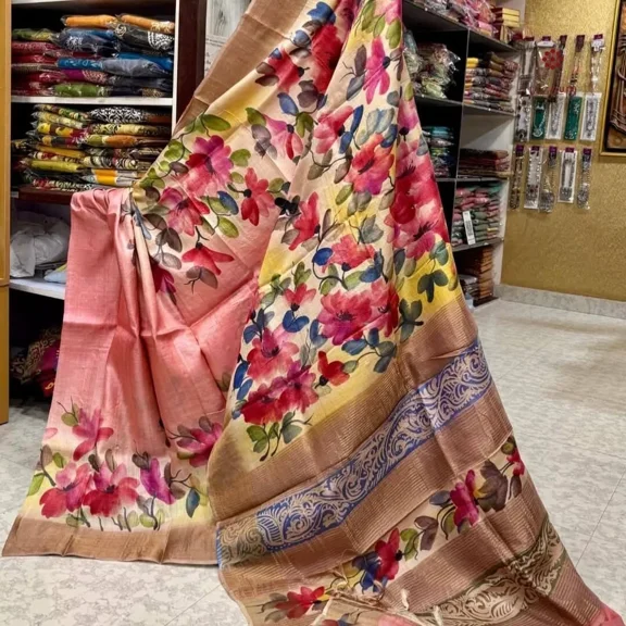 Coral Pink Hand Painted Pure Gachi Tussar Silk Saree